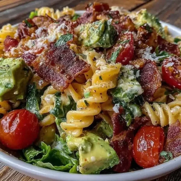Fresh BLT Pasta Salad with Creamy Avocado in a bowl
