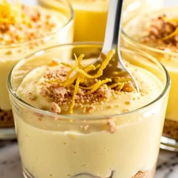 Fresh lemon cheesecake cups garnished with lemon zest and mint leaves