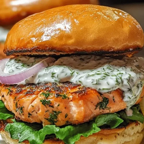 Delicious homemade salmon burgers with lemon dill sauce on a plate.