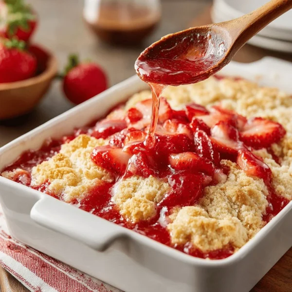 Fresh strawberry cobbler served in a dish, showcasing juicy strawberries and a golden crust.