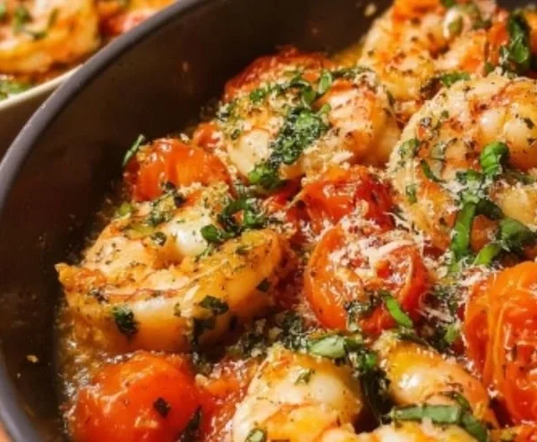 Delicious Garlic Tomato Shrimp Scampi served with fresh parsley and lemon.