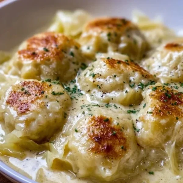 Plate of traditional German cabbage and dumplings served with seasoning.