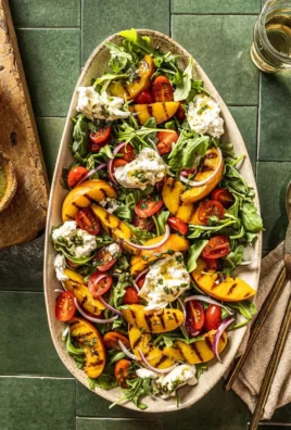 Grilled Peach Burrata Salad garnished with Basil Mint Vinaigrette