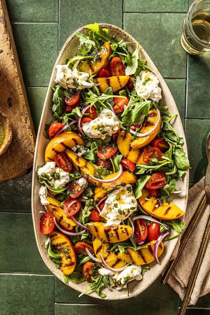 Grilled Peach Burrata Salad with Basil Mint Vinaigrette