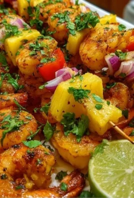 Grilled shrimp and pineapple skewers ready for serving on a plate