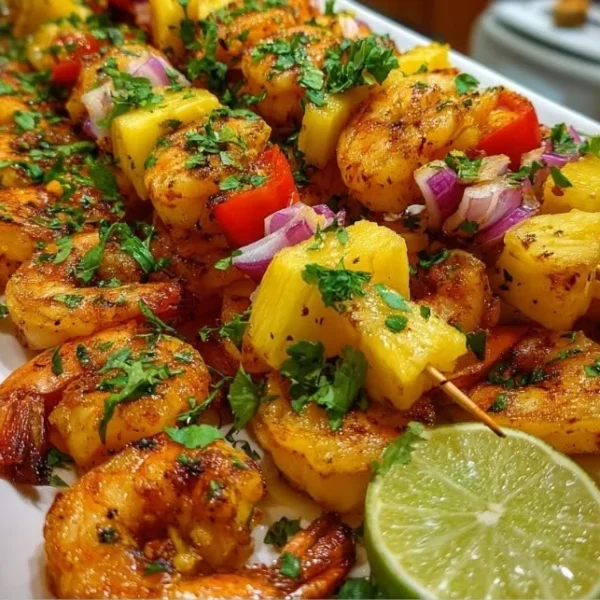 Grilled shrimp and pineapple skewers ready for serving on a plate