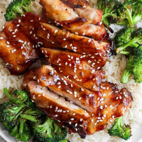 Delicious grilled teriyaki chicken served with rice and veggies