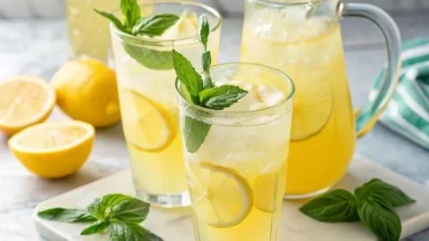Homemade lemonade recipe with fresh lemons and ice for a refreshing drink