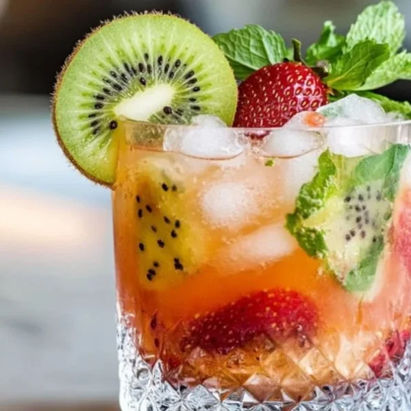 Refreshing Kiwi Strawberry Smash Mocktail in a glass with garnishes