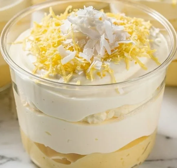 Lemon Coconut Cream dessert topped with coconut flakes and lemon zest.