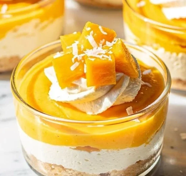 Mango Coconut Cheesecake Cups topped with tropical mango slices and coconut flakes