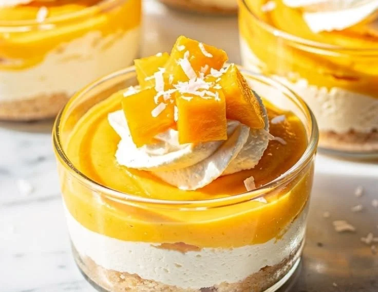 Mango Coconut Cheesecake Cups topped with tropical mango slices and coconut flakes