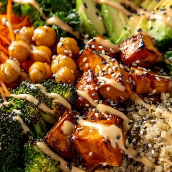 Miso glazed sweet potato Buddha bowl with colorful vegetables and grains