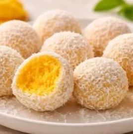 Delicious no bake mango truffles on a plate, perfect for dessert lovers.