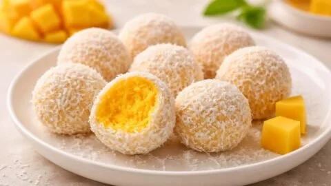 Delicious no bake mango truffles on a plate, perfect for dessert lovers.