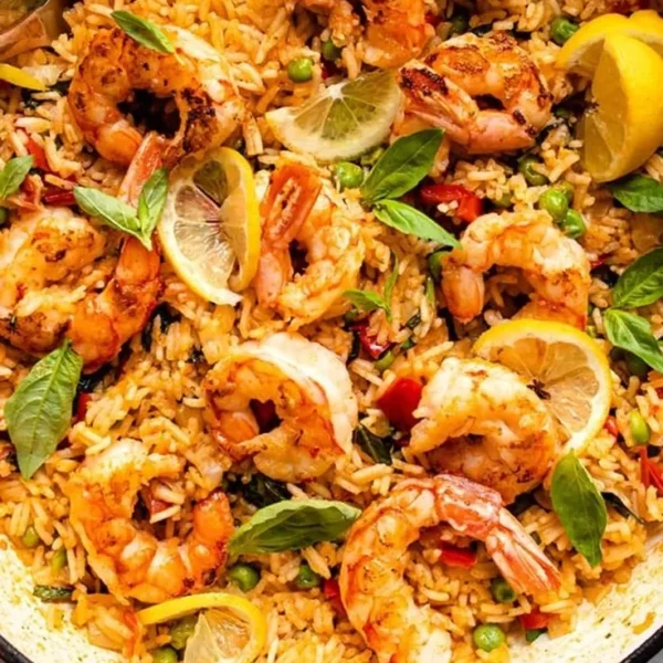 Delicious One-Pot Prawn and Rice dish served with fresh ingredients