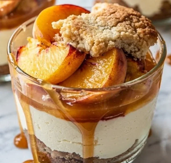 Peach Cobbler Cheesecake Cups served in elegant glassware with fresh peaches