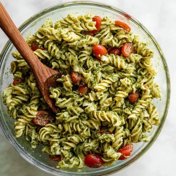 Pesto pasta salad with cherry tomatoes, fresh mozzarella, and basil served in a bowl