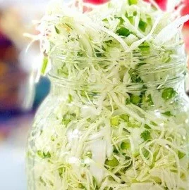Freshly made pickled cabbage slaw with colorful cabbage and spices