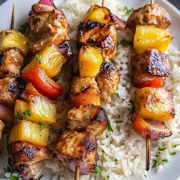 Grilled Pineapple Chicken Kabobs with colorful vegetables on skewers