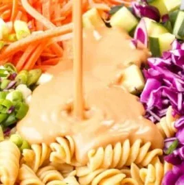 Protein Packed Thai Pasta Salad with vibrant vegetables and flavorful dressing