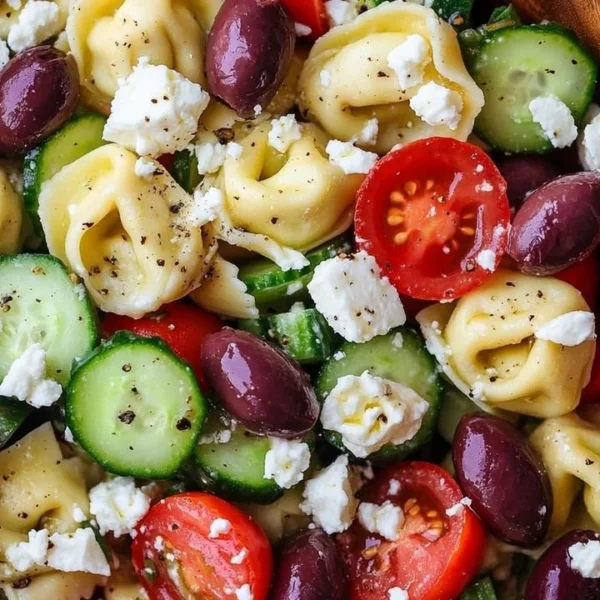 Quick Greek Tortellini Salad with vegetables and feta cheese