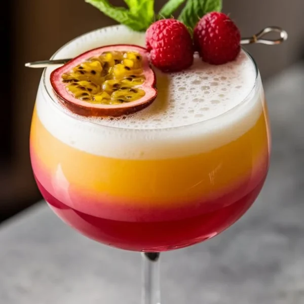 Refreshing Raspberry Passionfruit Tequila Sour cocktail garnished with fruit