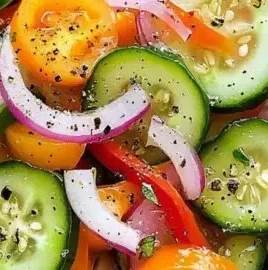 Refreshing pickled cucumber salad with onions and bell peppers served in a bowl.