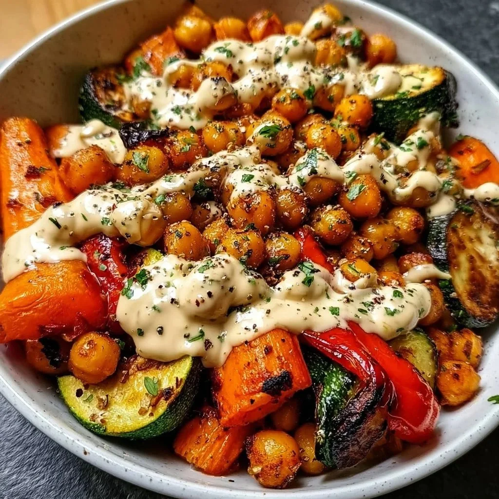 Colorful roasted vegetable bowl with chickpeas for a nutritious meal