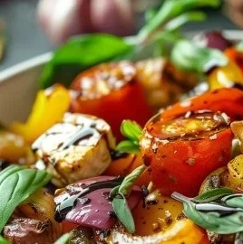 Colorful roasted vegetable salad topped with balsamic dressing on a plate.