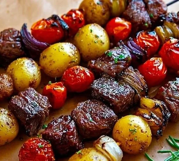 Delicious rosemary garlic steak kebabs grilled to perfection