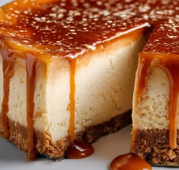 Salted caramel drip cheesecake topped with rich caramel sauce