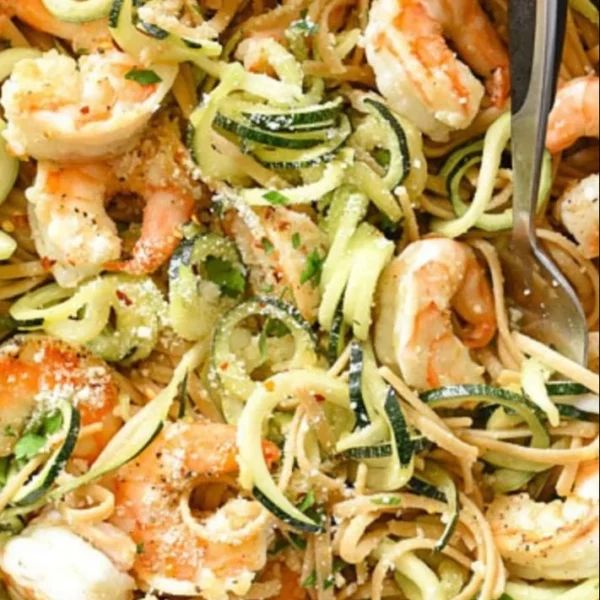 Plate of Shrimp Scampi Pasta with Zucchini Noodles garnished with herbs