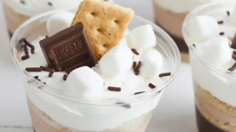 Delicious S'mores Pudding Parfaits with layers of chocolate and graham crackers