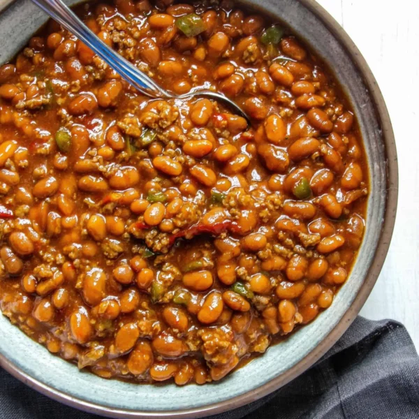 Delicious southern baked beans in a dish, perfect for barbecues.