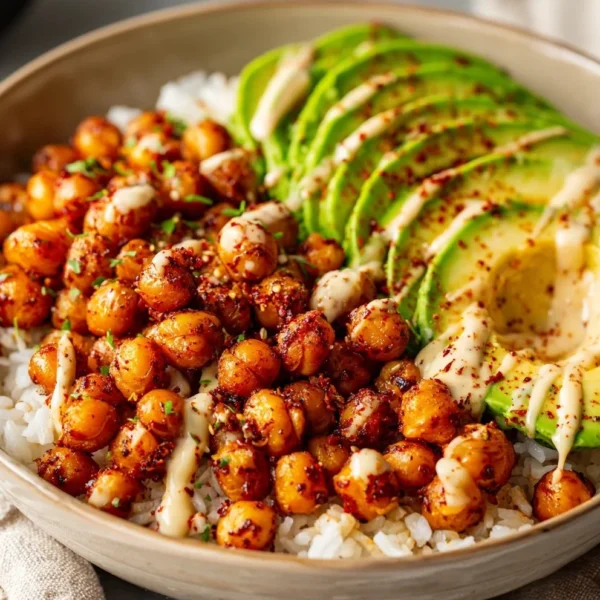 Spicy roasted chickpea and avocado bowls garnished with fresh ingredients