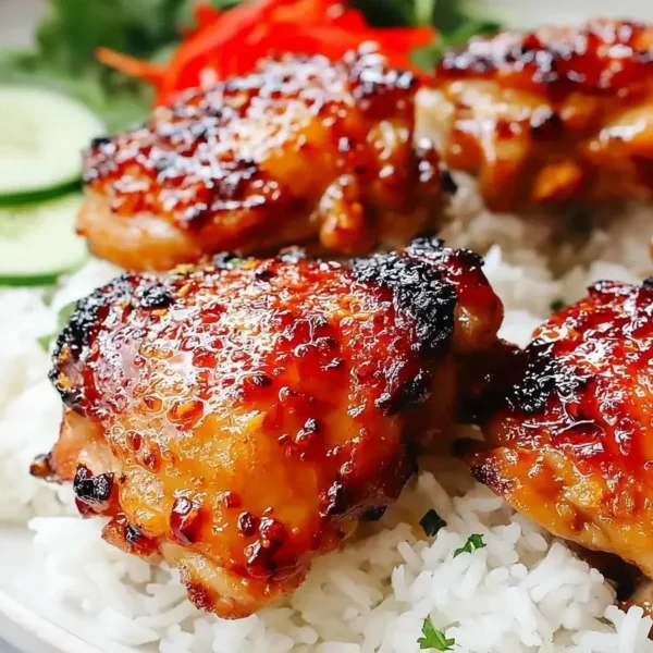 Delicious sticky sweet chili chicken thighs on a plate garnished with herbs