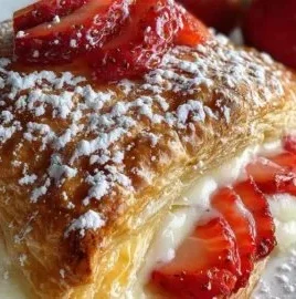 Flaky Strawberry Cream Cheese Danish with a golden puff pastry and fresh strawberries