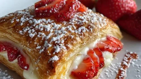 Flaky Strawberry Cream Cheese Danish with a golden puff pastry and fresh strawberries