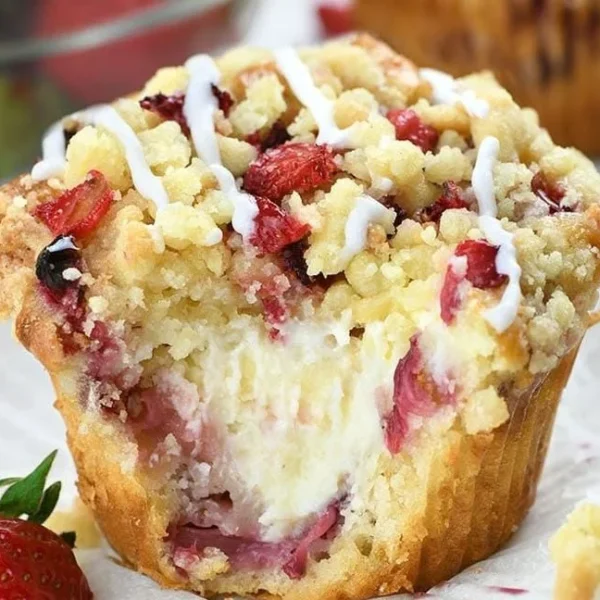 Strawberry Cream Cheese Muffins topped with streusel in a baking dish