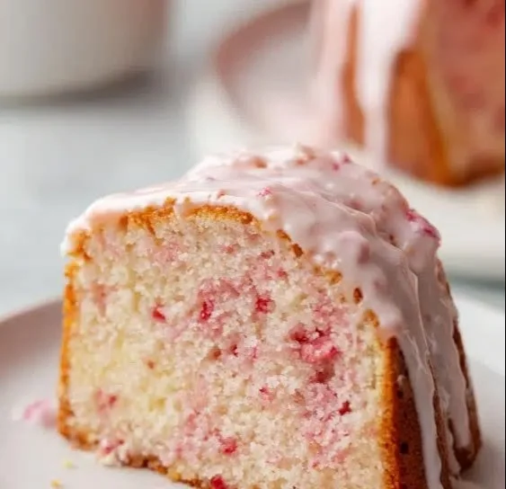 A slice of Strawberry Cream Cheese Pound Cake topped with fresh strawberries.