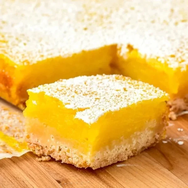 Super easy lemon bars with a tangy filling and buttery crust, sliced on a plate.