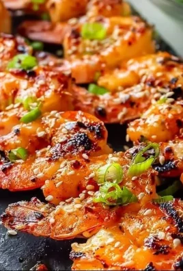 Grilled Bang Bang Shrimp Skewers drizzled with sweet chili sauce