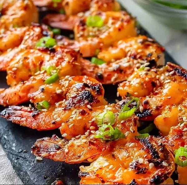Grilled Bang Bang Shrimp Skewers drizzled with sweet chili sauce
