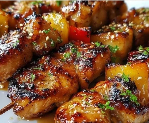 Delicious teriyaki chicken skewers glazed with sweet soy sauce on a grill