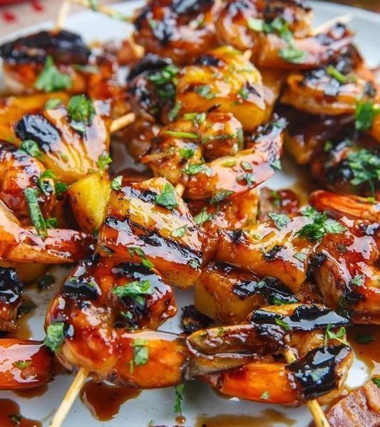 Delicious Teriyaki Grilled Shrimp served with fresh pineapple slices.