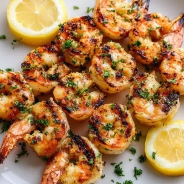 Juicy grilled shrimp from Texas Roadhouse served with lemon and seasoning