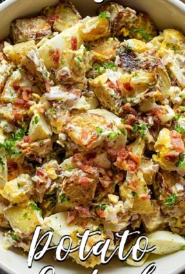 Delicious creamy potato salad served in a bowl with fresh herbs.