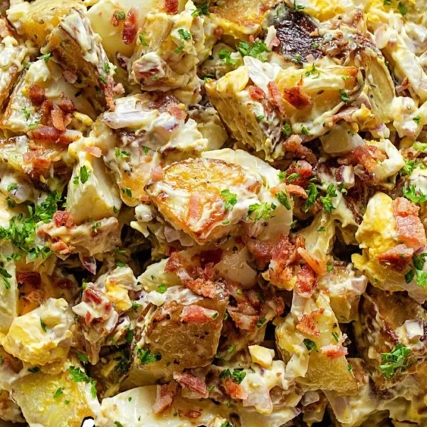 Delicious creamy potato salad served in a bowl with fresh herbs.