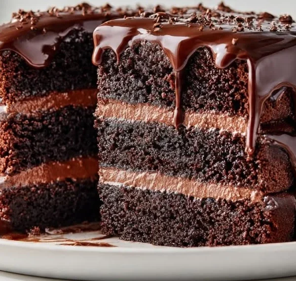 Triple chocolate fudge layer cake with rich chocolate frosting and layers